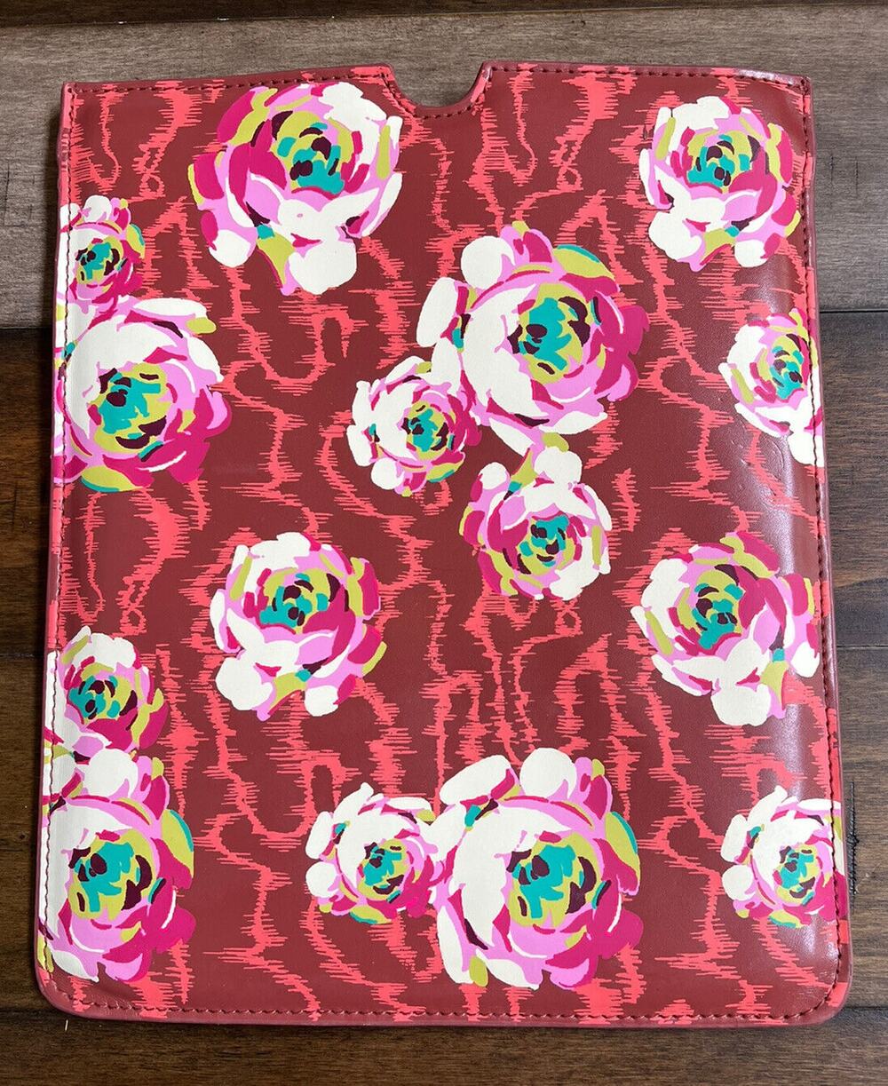 AMY BUTLER RED FLOWER Floral Faux Leather iPad Tablet Sleeve EUC 10”x8”